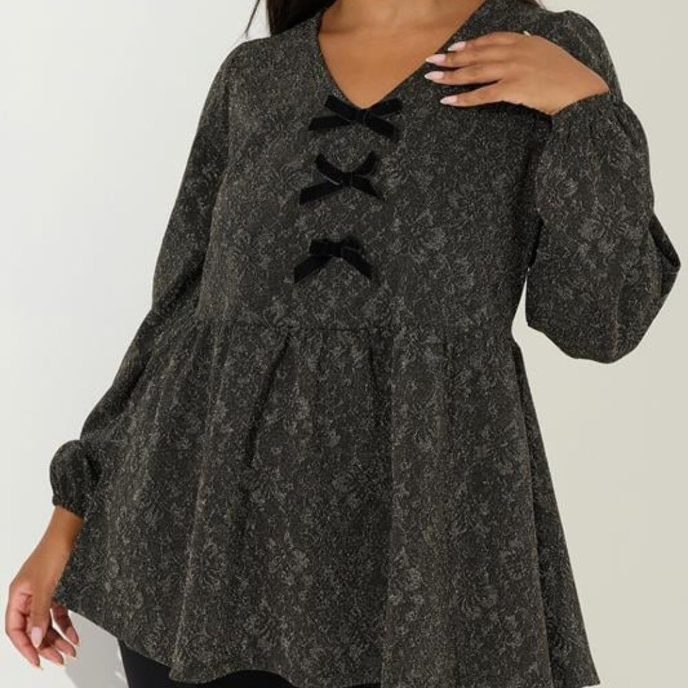 Gold Floral Jacquard Bow Front Top